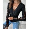 imageWomen Lace Trim V Neck Long Sleeve Knit Top HollowOut Slim Fit TShirts Ribbed Cross Wrap TopAblack