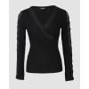 imageWomen Lace Trim V Neck Long Sleeve Knit Top HollowOut Slim Fit TShirts Ribbed Cross Wrap TopAblack