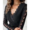 imageWomen Lace Trim V Neck Long Sleeve Knit Top HollowOut Slim Fit TShirts Ribbed Cross Wrap TopAblack