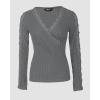 imageWomen Lace Trim V Neck Long Sleeve Knit Top HollowOut Slim Fit TShirts Ribbed Cross Wrap TopGrey
