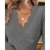 imageWomen Lace Trim V Neck Long Sleeve Knit Top HollowOut Slim Fit TShirts Ribbed Cross Wrap TopGrey