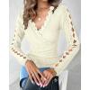 imageWomen Lace Trim V Neck Long Sleeve Knit Top HollowOut Slim Fit TShirts Ribbed Cross Wrap TopWhite