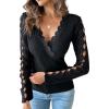 imageWomen Lace Trim V Neck Long Sleeve Knit Top HollowOut Slim Fit TShirts Ribbed Cross Wrap TopAblack