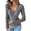 imageWomen Lace Trim V Neck Long Sleeve Knit Top HollowOut Slim Fit TShirts Ribbed Cross Wrap TopGrey