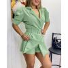 imageCHICME Women Puff Sleeve Notched Collar Short Jumpsuits Belted Blazer Romper Casual Summer Outfits with PocketsGreen