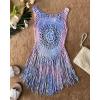 imageCHICME Womens Crochet Coverups Ombre UNeck Long Sleeve Tassel HollowOut Swimwear Beach Dress