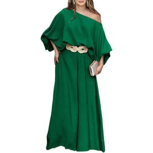 imageCHICME Women Summer 2 Piece Outfits Off Shoulder Lantern Sleeve Top Flowy Wide Leg Pants Set