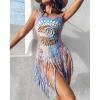 imageCHICME Womens Crochet Coverups Ombre UNeck Long Sleeve Tassel HollowOut Swimwear Beach DressMulticolor