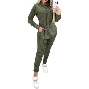 imageCHICME 2025 2 Piece Outfits for Women Ribbed Long Sleeve Shirt Pullover and Skinny Pants Set Lounge SetArmy Green