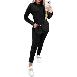 imageCHICME 2025 2 Piece Outfits for Women Ribbed Long Sleeve Shirt Pullover and Skinny Pants Set Lounge SetBlack
