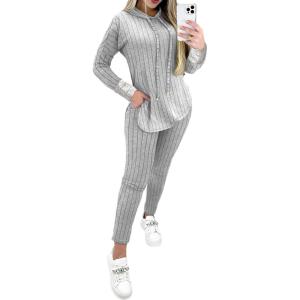 imageCHICME 2025 2 Piece Outfits for Women Ribbed Long Sleeve Shirt Pullover and Skinny Pants Set Lounge SetGray