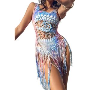 imageCHICME Womens Crochet Coverups Ombre UNeck Long Sleeve Tassel HollowOut Swimwear Beach DressMulticolor