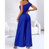 imageCHICME Womens Jumpsuit Dressy One Shoulder Buckle Decor Ruched Wide Leg Jumpsuits Elegant Party OverallBlue