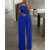 imageCHICME Womens Jumpsuit Dressy One Shoulder Buckle Decor Ruched Wide Leg Jumpsuits Elegant Party OverallBlue