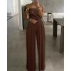 imageCHICME Womens Jumpsuit Dressy One Shoulder Buckle Decor Ruched Wide Leg Jumpsuits Elegant Party OverallBrown