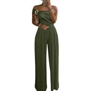imageCHICME Womens Jumpsuit Dressy One Shoulder Buckle Decor Ruched Wide Leg Jumpsuits Elegant Party OverallParmy Green