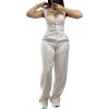 imageCHICME Womens 2 Piece Outfit Thick Strap Button Front Tank Top with Wide Leg Pants Casual Outfit SetsApricot