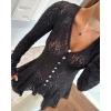 imageCHICME Lace V Neck Pearl Button Elegant Asymmetrical Ruffles 2025 Cardigan Top Long Sleeve Chic Sheer Lace ShirtBlack