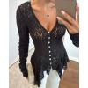 imageCHICME Lace V Neck Pearl Button Elegant Asymmetrical Ruffles 2025 Cardigan Top Long Sleeve Chic Sheer Lace ShirtBlack