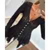 imageCHICME Lace V Neck Pearl Button Elegant Asymmetrical Ruffles 2025 Cardigan Top Long Sleeve Chic Sheer Lace ShirtBlack