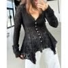 imageCHICME Lace V Neck Pearl Button Elegant Asymmetrical Ruffles 2025 Cardigan Top Long Sleeve Chic Sheer Lace ShirtBlack