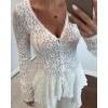 imageCHICME Lace V Neck Pearl Button Elegant Asymmetrical Ruffles 2025 Cardigan Top Long Sleeve Chic Sheer Lace ShirtWhite