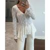 imageCHICME Lace V Neck Pearl Button Elegant Asymmetrical Ruffles 2025 Cardigan Top Long Sleeve Chic Sheer Lace ShirtWhite