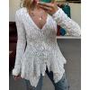 imageCHICME Lace V Neck Pearl Button Elegant Asymmetrical Ruffles 2025 Cardigan Top Long Sleeve Chic Sheer Lace ShirtWhite