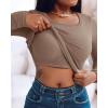 imageCHICME Women Seamless Builtin Bra Long Sleeve Shirts 2025 U Neck Knit TShirts Basic Tops Fall OutfitsCkhaki