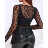 imageCHICME Womens Long Sleeve Mesh Top 2025 Round Neck Lace Floral See Through Blouses Casual Asymmetrical Shirt Without TankBlack