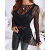 imageCHICME Womens Long Sleeve Mesh Top 2025 Round Neck Lace Floral See Through Blouses Casual Asymmetrical Shirt Without TankBlack