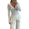imageCHICME Lace V Neck Pearl Button Elegant Asymmetrical Ruffles 2025 Cardigan Top Long Sleeve Chic Sheer Lace ShirtWhite