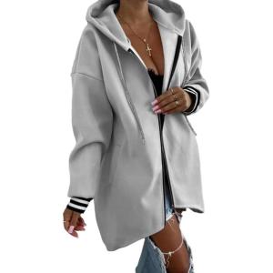 imageCHICME 2025 Womens Lightweight Jacket Casual Zip Up Hoodies Striped Cuffs Coat with Drawstring Pockets Drop ShoulderGray