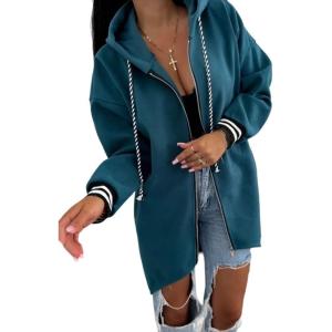 imageCHICME 2025 Womens Lightweight Jacket Casual Zip Up Hoodies Striped Cuffs Coat with Drawstring Pockets Drop ShoulderTurquoise Blue