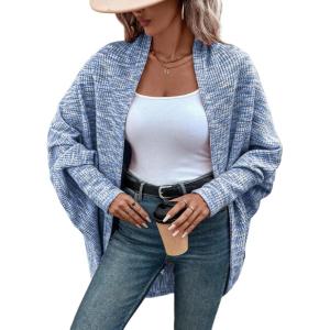 imageCHICME Cardigan Sweaters for Women 2025 Waffle Knit Coat Batwing Long Sleeve Open Front Long Cardigans OuterwearBlue