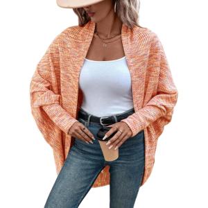 imageCHICME Cardigan Sweaters for Women 2025 Waffle Knit Coat Batwing Long Sleeve Open Front Long Cardigans OuterwearOrange