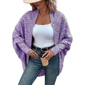 imageCHICME Cardigan Sweaters for Women 2025 Waffle Knit Coat Batwing Long Sleeve Open Front Long Cardigans OuterwearPurple