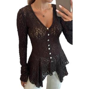 imageCHICME Lace V Neck Pearl Button Elegant Asymmetrical Ruffles 2025 Cardigan Top Long Sleeve Chic Sheer Lace ShirtBlack
