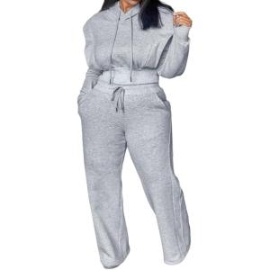 imageCHICME Womens 2 Piece Outfits 2025 Cropped Hooded Long Sleeve Sweatshirt and Wide Leg Sweatpants Set Sweatsuit TracksuitAgray