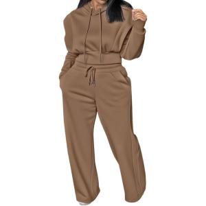 imageCHICME Womens 2 Piece Outfits 2025 Cropped Hooded Long Sleeve Sweatshirt and Wide Leg Sweatpants Set Sweatsuit TracksuitBrown