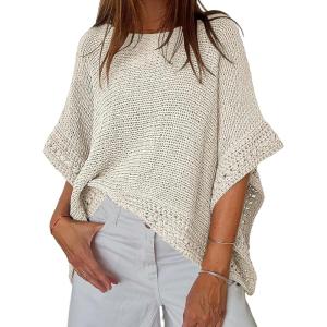 imageCHICME Womens Knit Tops 2025 34 Batwing Sleeve Tops for Women HollowOut Pattern Edges Crochet Top Casual Pullover SweatersCapricot