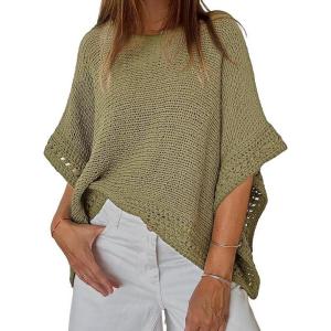 imageCHICME Womens Knit Tops 2025 34 Batwing Sleeve Tops for Women HollowOut Pattern Edges Crochet Top Casual Pullover SweatersGreen