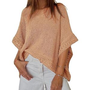 imageCHICME Womens Knit Tops 2025 34 Batwing Sleeve Tops for Women HollowOut Pattern Edges Crochet Top Casual Pullover SweatersKhaki