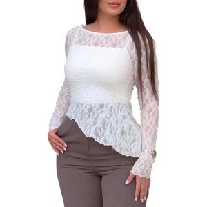 imageCHICME Womens Long Sleeve Mesh Top 2025 Round Neck Lace Floral See Through Blouses Casual Asymmetrical Shirt Without TankAwhite