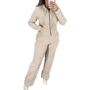 imageCHICME Womens 2 Piece Outfits Sweatsuit 2025 Zip Up Hoodie and Wide Leg Sweatpants Tracksuit Travel Workout Lounge SetsApricot