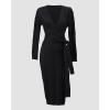 imageCHICME 2025 Elegant Cable Knit Wrap Dress for Women Long Sleeve V Neck Tie Waist Midi Sweater DressBlack