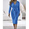 imageCHICME 2025 Elegant Cable Knit Wrap Dress for Women Long Sleeve V Neck Tie Waist Midi Sweater DressBlue
