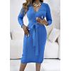imageCHICME 2025 Elegant Cable Knit Wrap Dress for Women Long Sleeve V Neck Tie Waist Midi Sweater DressBlue