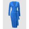 imageCHICME 2025 Elegant Cable Knit Wrap Dress for Women Long Sleeve V Neck Tie Waist Midi Sweater DressBlue
