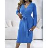 imageCHICME 2025 Elegant Cable Knit Wrap Dress for Women Long Sleeve V Neck Tie Waist Midi Sweater DressBlue